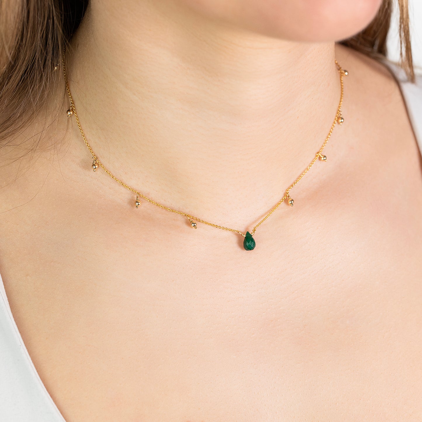 May Birthstone Briolette Choker Necklace - Emerald - Silver & Gold