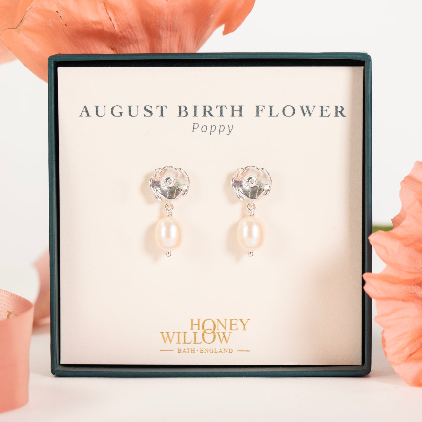 August Birth Flower Earrings - Poppy - Silver & Pearl