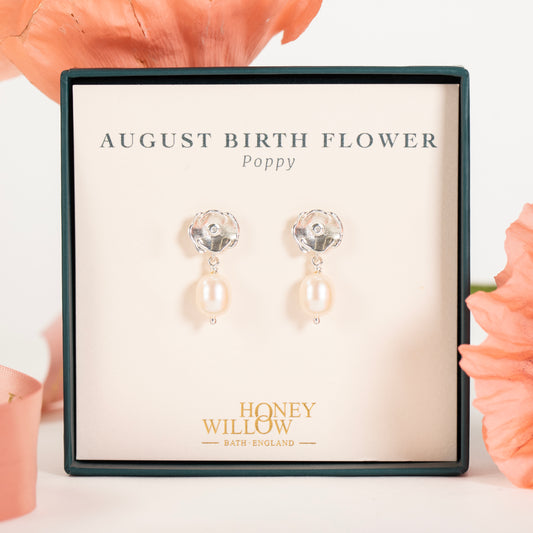 August Birth Flower Earrings - Poppy - Silver & Pearl