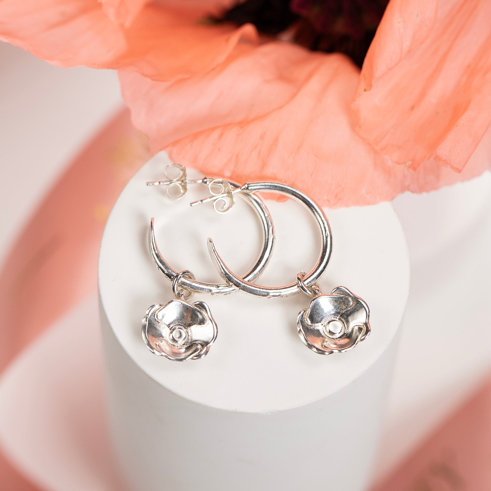 9th Anniversary Gift - Poppy Flower Hoop Earrings - Silver - 2cm