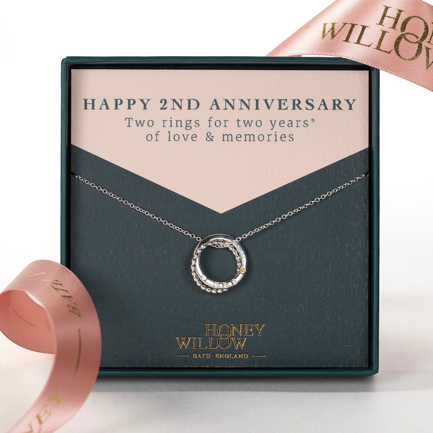 2nd Anniversary Gift - 2 Rings for 2 Years Birthstone Necklace - Petite Silver