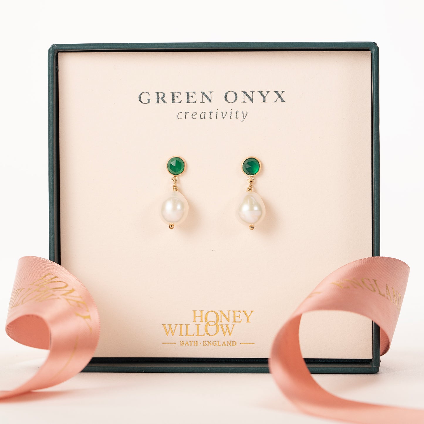 Green Onyx & Pearl Earrings - Creativity - Silver & Gold