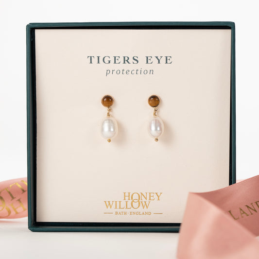 Tigers Eye & Pearl Earrings - Protection - Silver & Gold