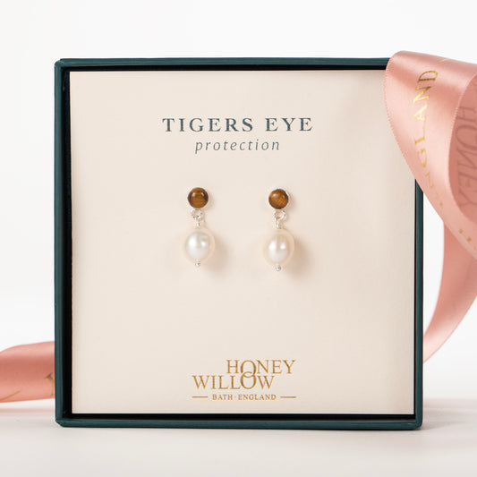 Tigers Eye & Pearl Earrings - Protection - Silver & Gold