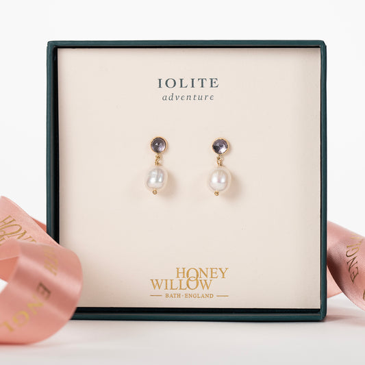 Iolite & Pearl Earrings - Adventure - Silver & Gold