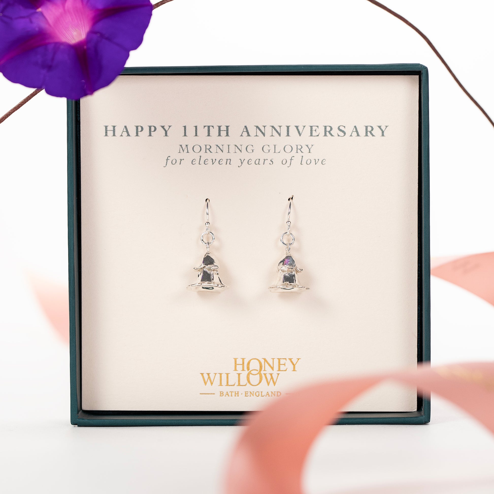 11th Anniversary Gift - Morning Glory Flower Earrings - Silver