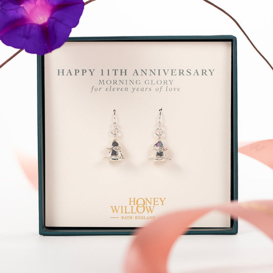 11th Anniversary Gift - Morning Glory Flower Earrings - Silver