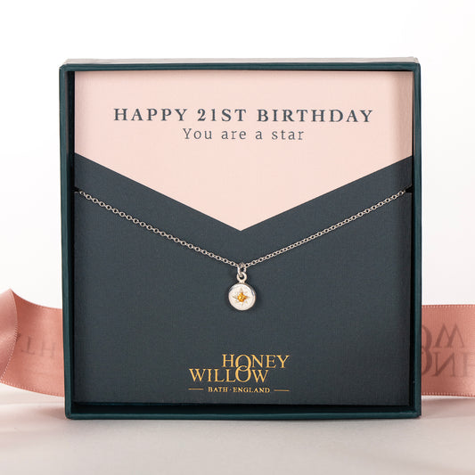 21st Birthday Gift - Birthstone Star Set Necklace - Silver