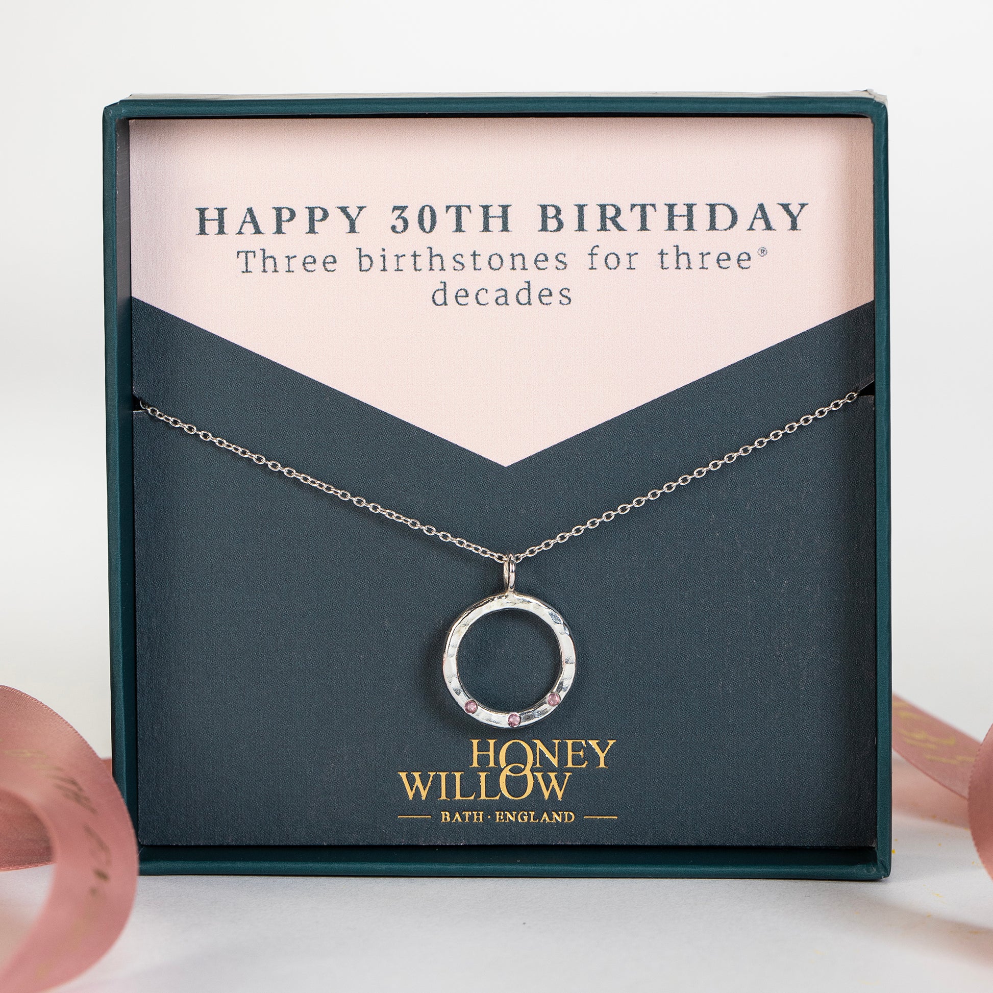 30th Birthday Birthstone Necklace - 3 Birthstones for 3 Decades - Silver Halo Necklace