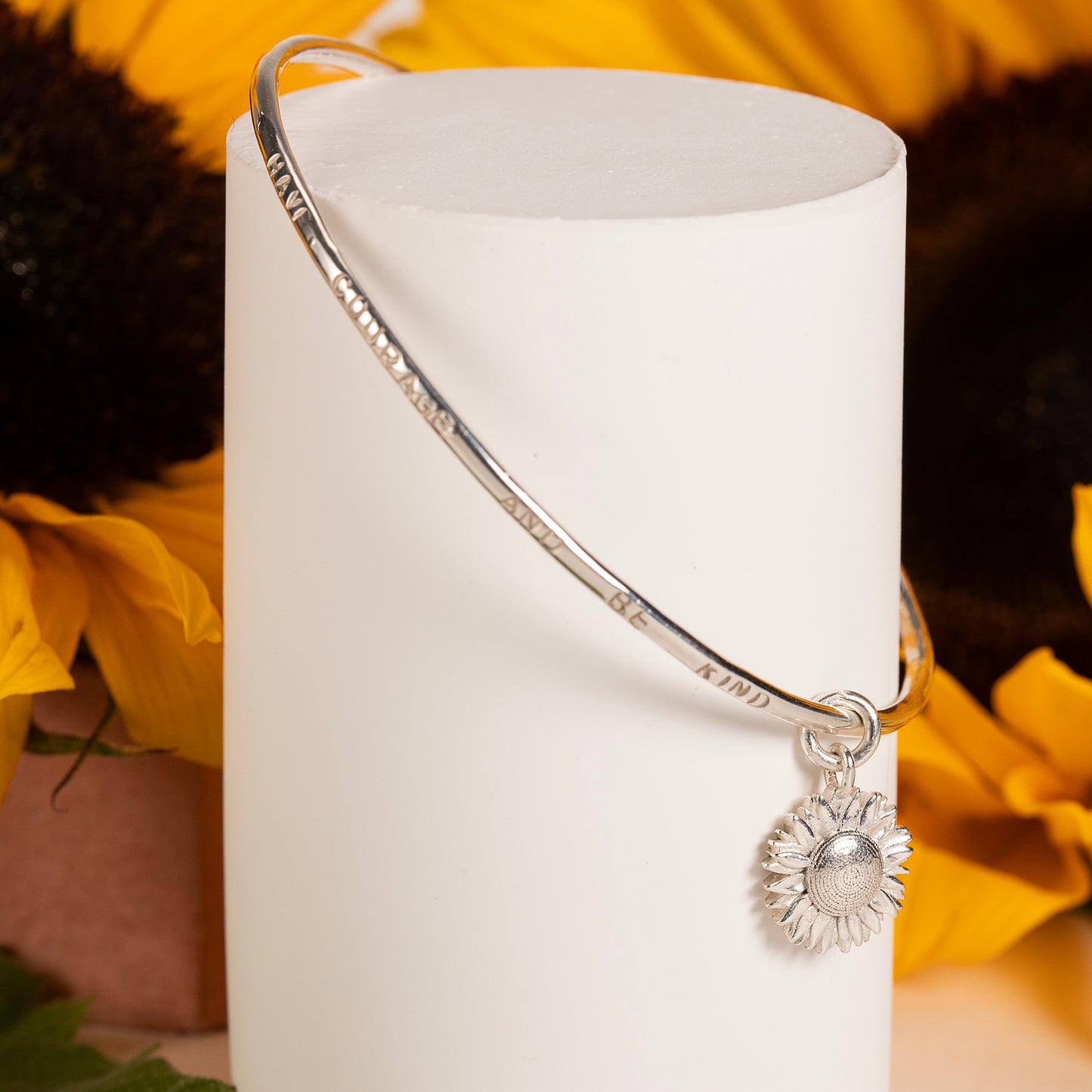 3rd Anniversary Gift - Personalised Sunflower Bangle - Silver