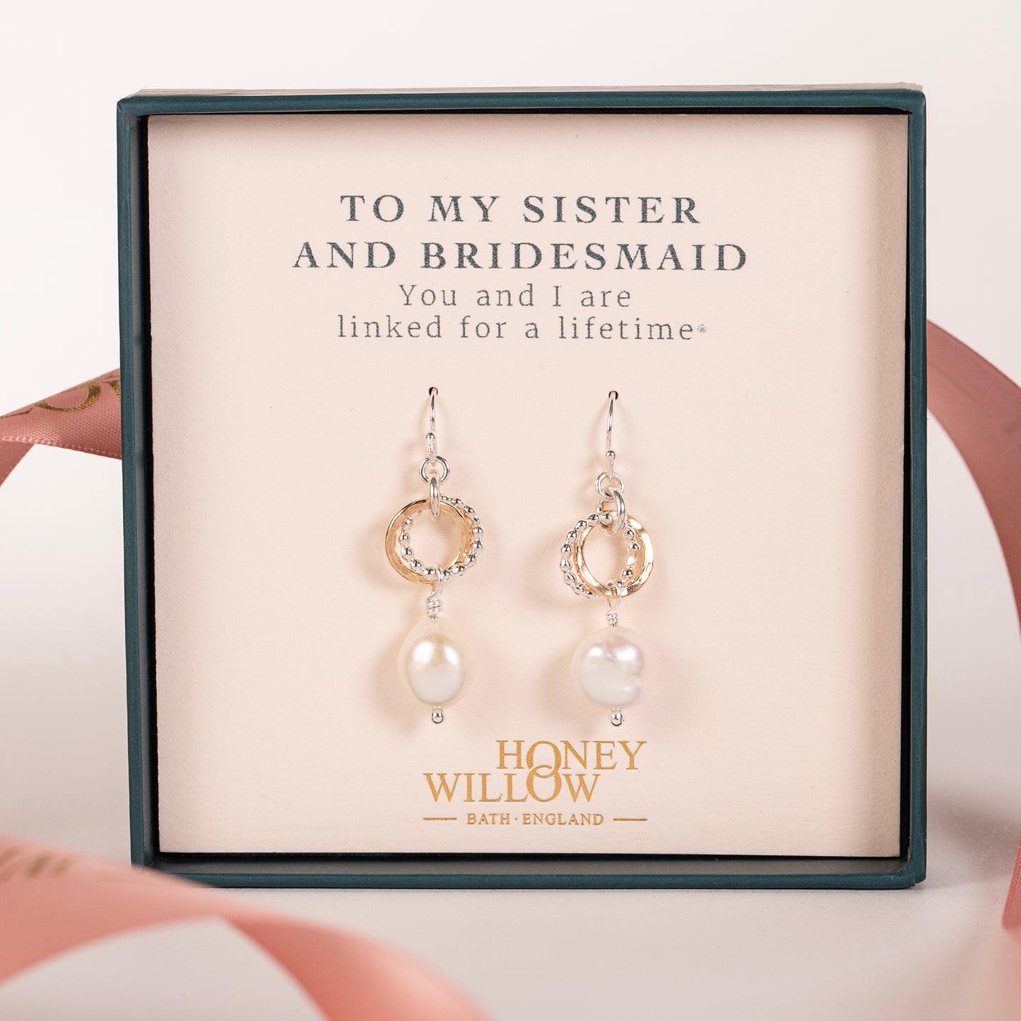 Sister & Bridesmaid Gift - Love Knot Pearl Earrings - Silver & Gold