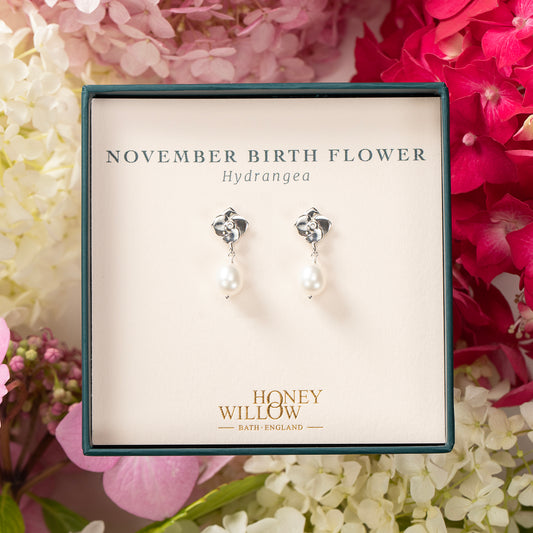 November Birth Flower Earrings - Hydrangea - Silver & Pearl