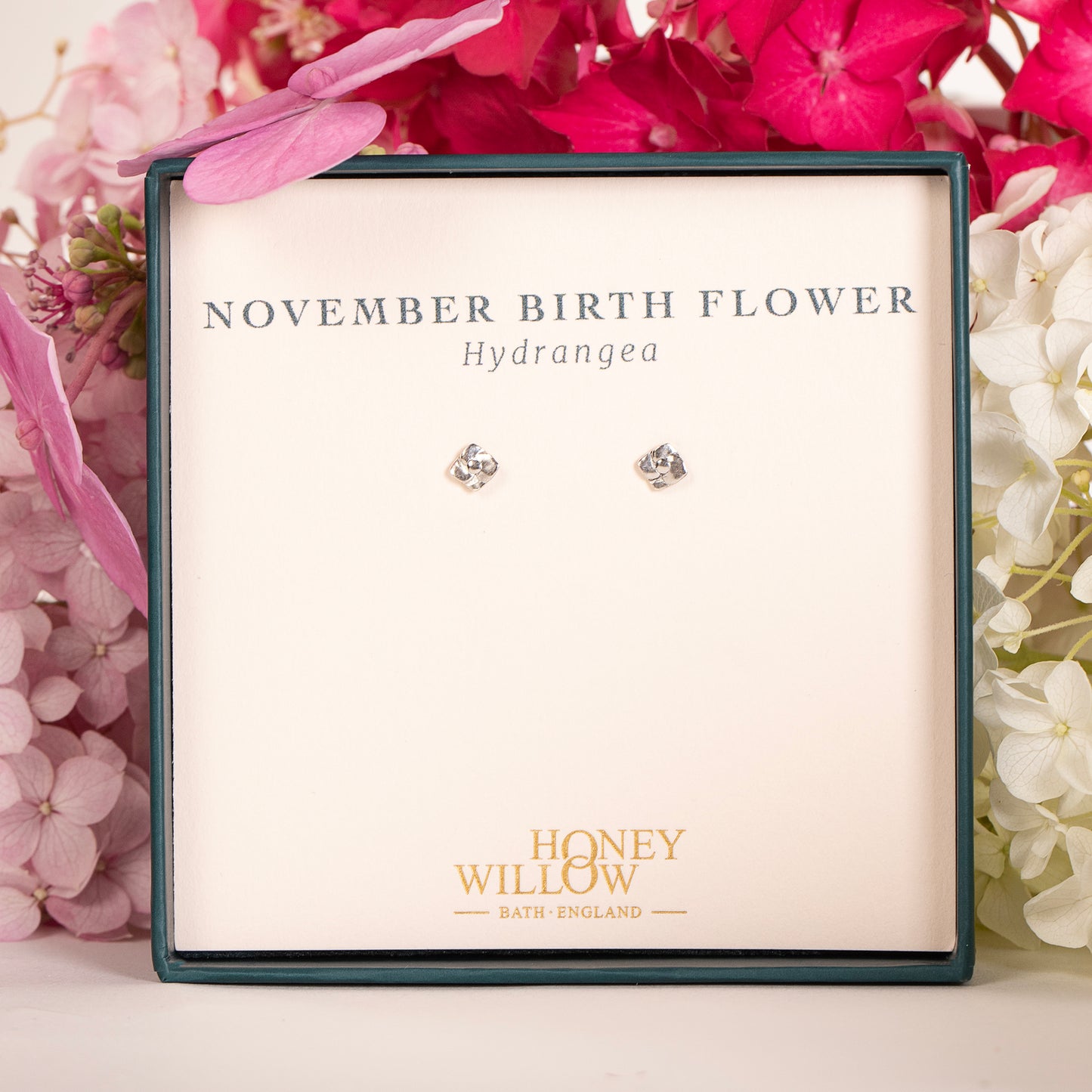 November Birth Flower Stud Earrings - Hydrangea - Silver