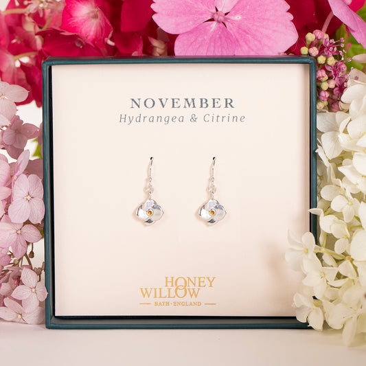 November Birth Flower & Birthstone Earrings - Hydrangea & Citrine - Silver