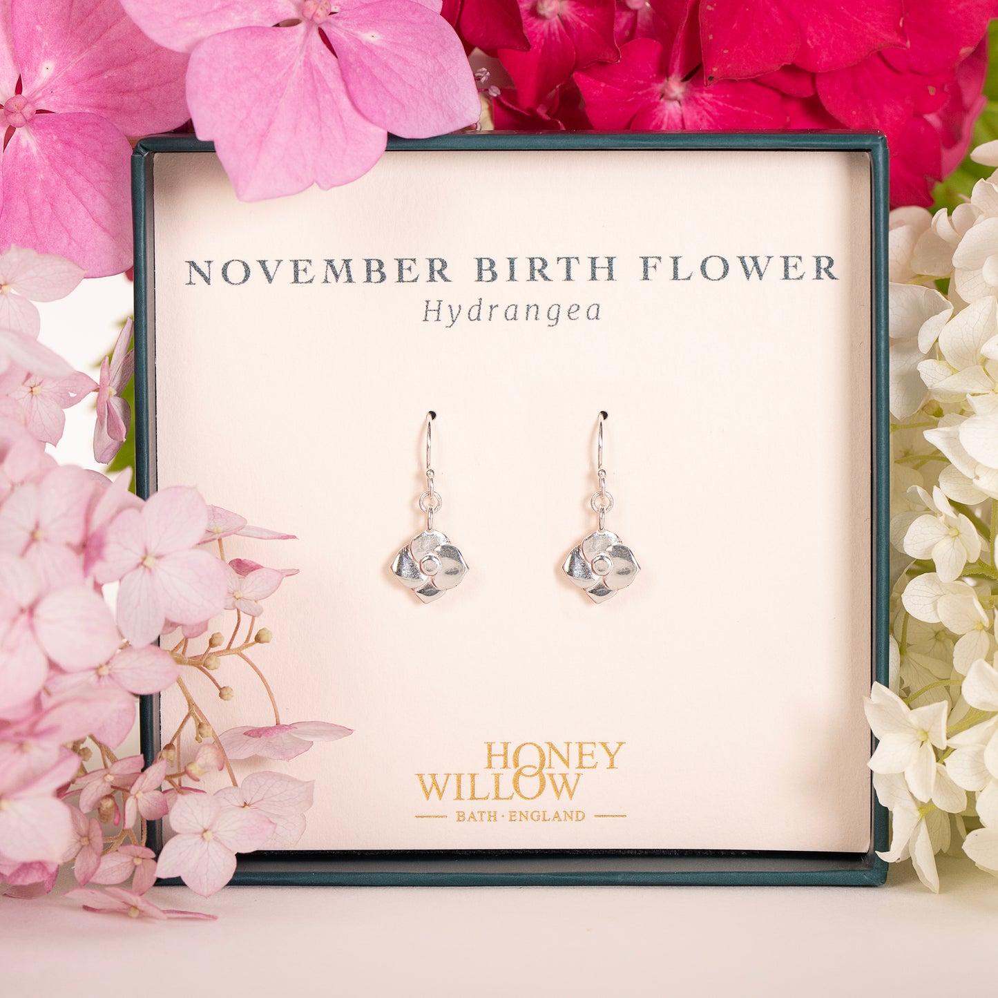 November Birth Flower Earrings - Hydrangea - Silver