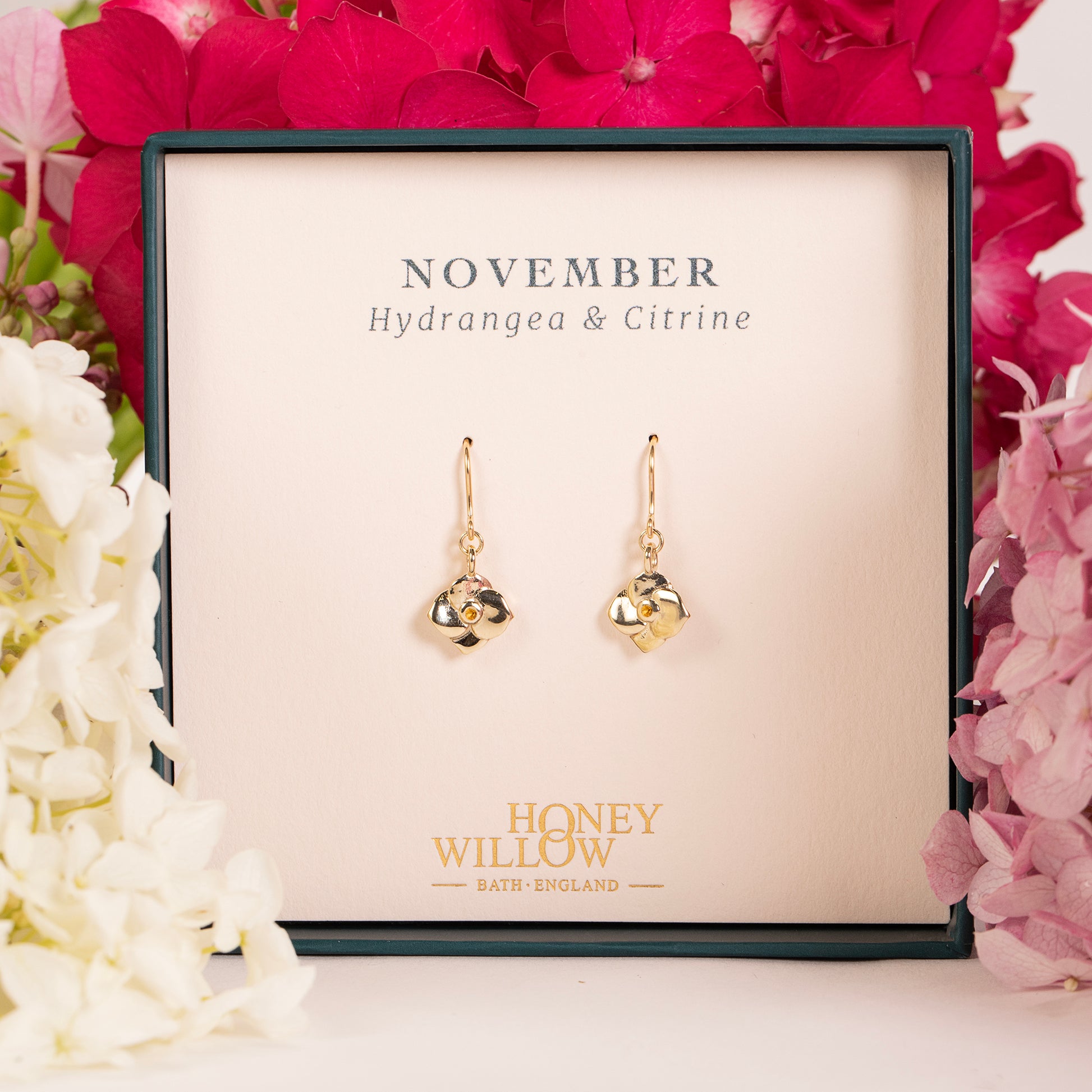 November Birth Flower & Birthstone Earrings - Hydrangea - 9kt Gold