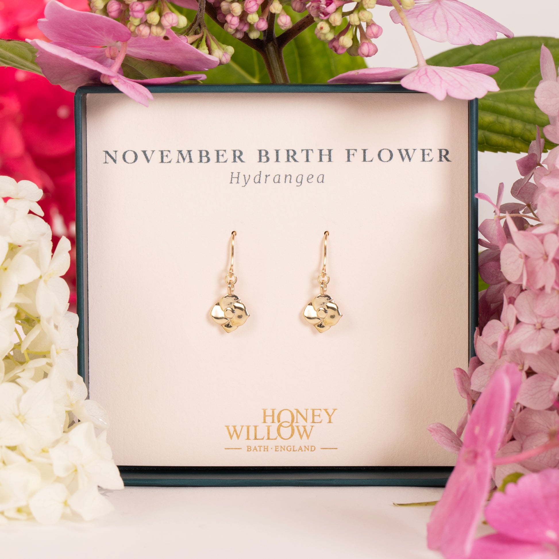 November Birth Flower Earrings - Hydrangea - 9kt Gold