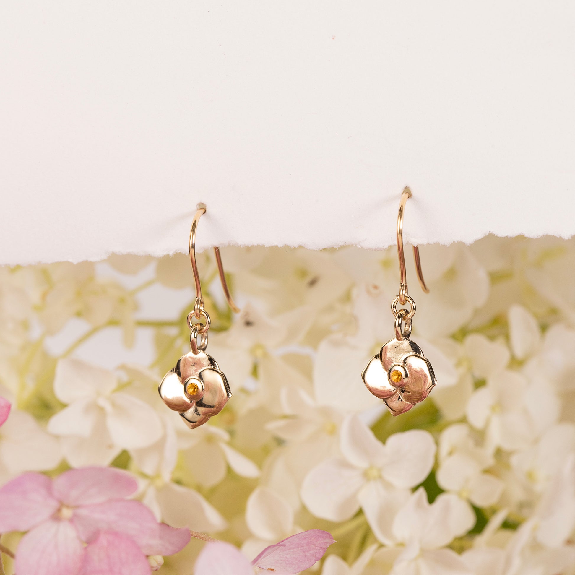 November Birth Flower & Birthstone Earrings - Hydrangea - 9kt Gold