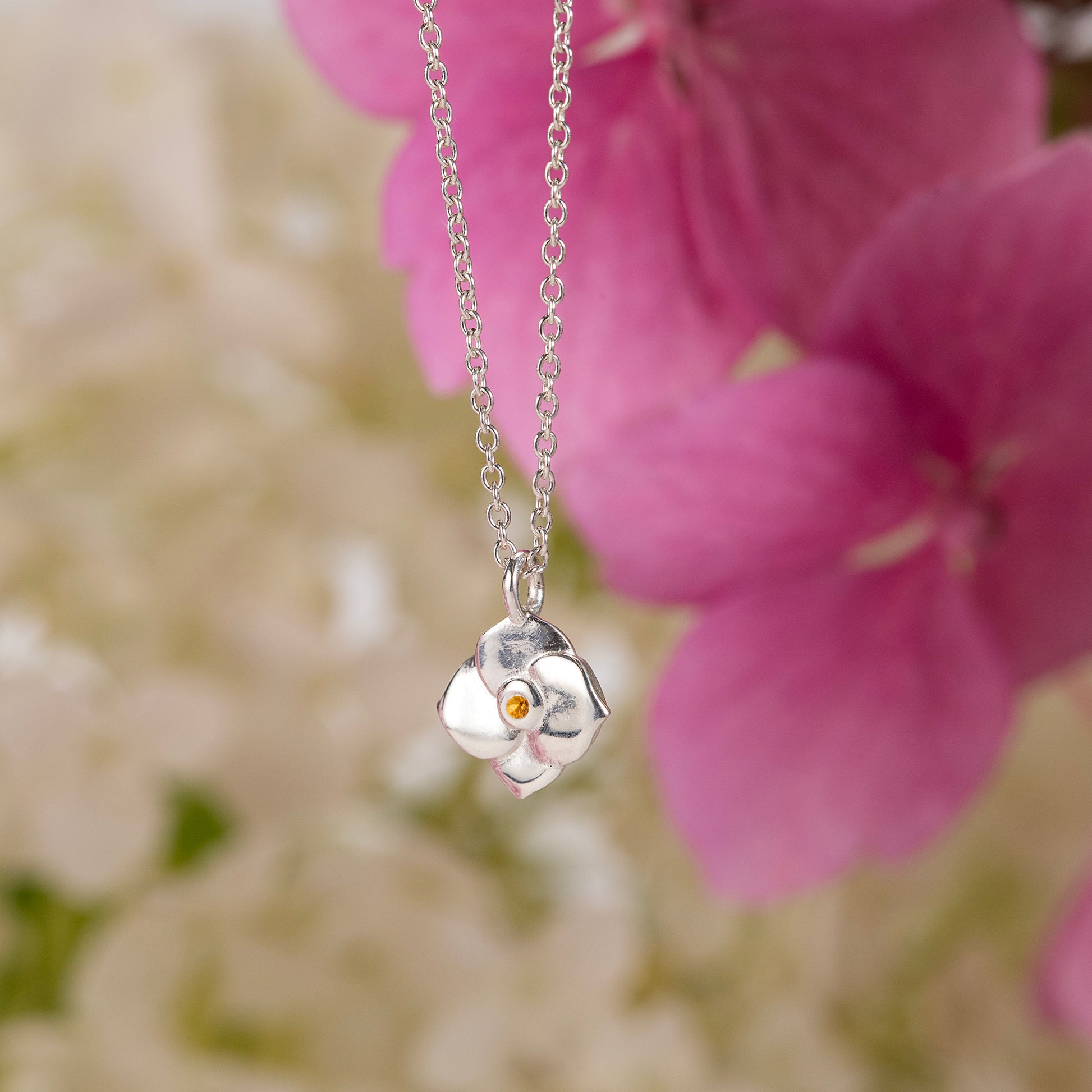 Hydrangea Flower Birthstone Necklace - Gratitude - Silver