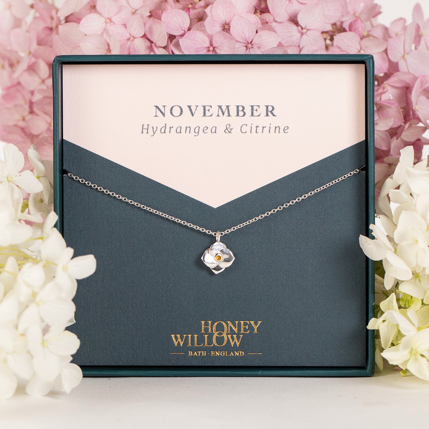 November Birth Flower & Birthstone Necklace - Hydrangea & Citrine - Silver