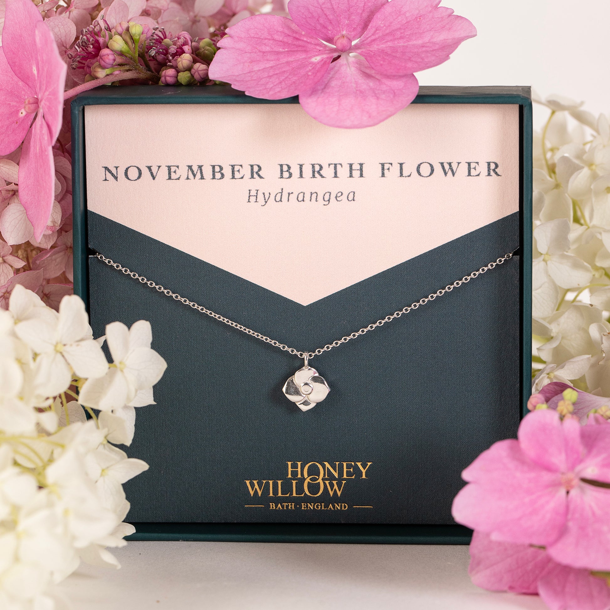 November Birth Flower Necklace - Hydrangea - Silver