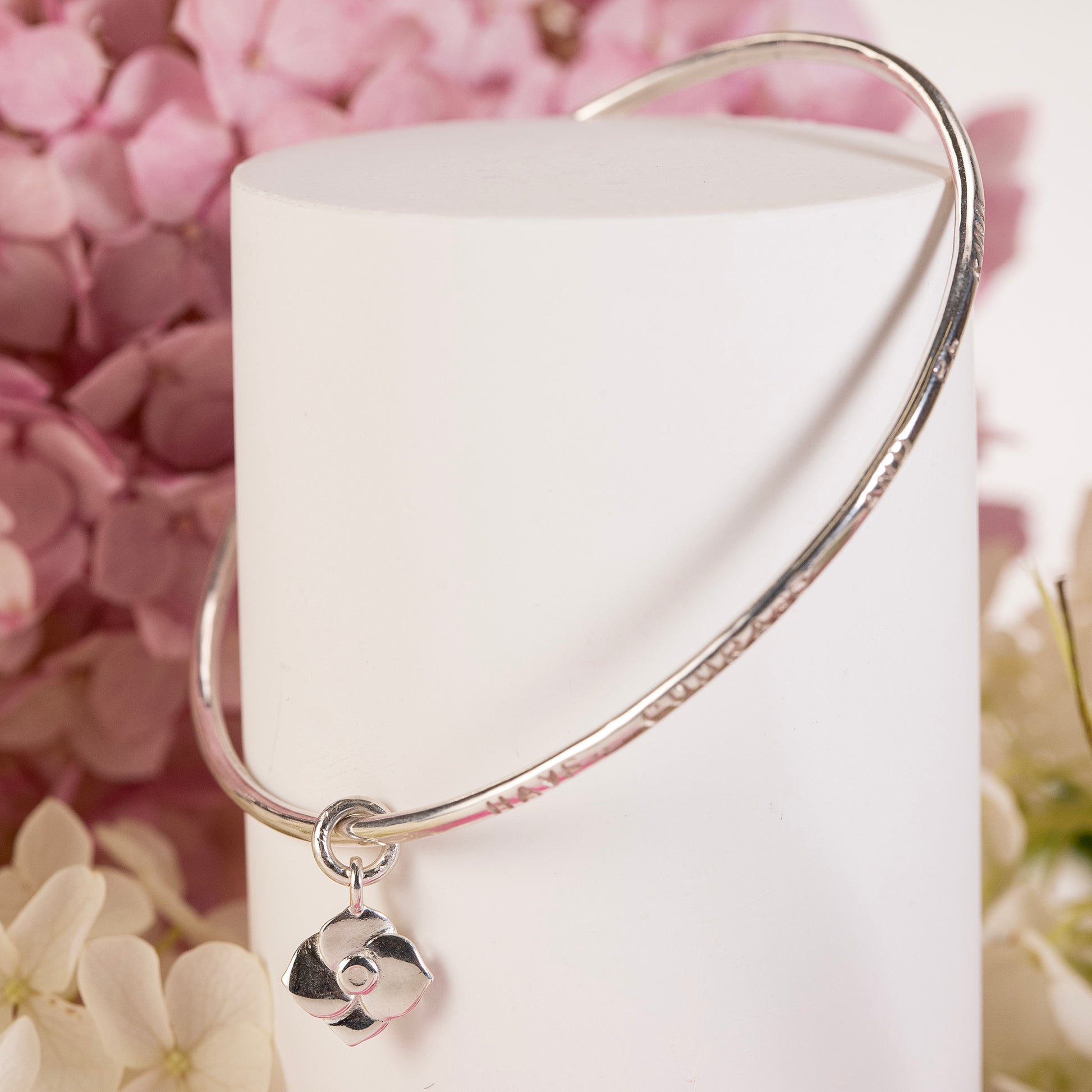 Personalised Hydrangea Flower Bangle - Wellbeing - Silver