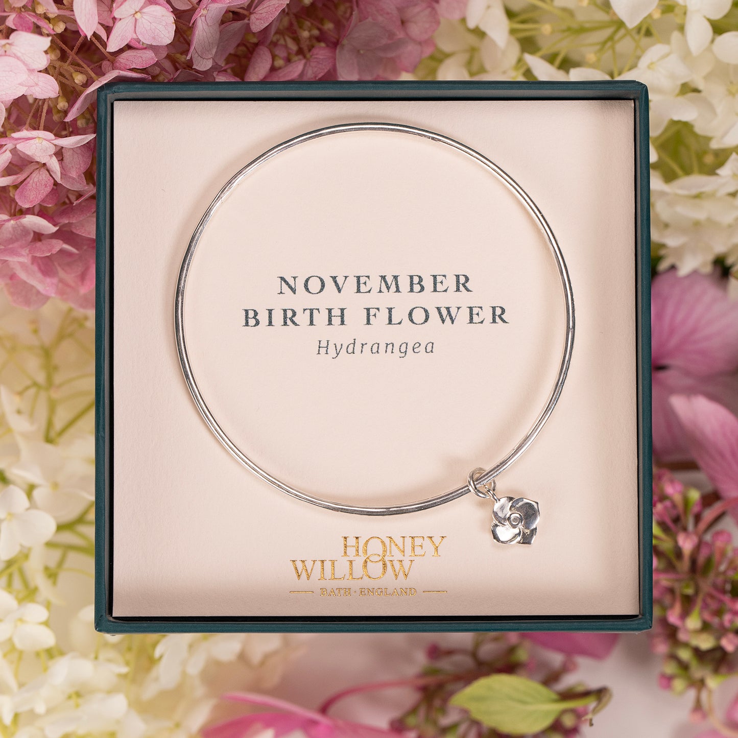 November Birth Flower Bangle - Hydrangea - Silver