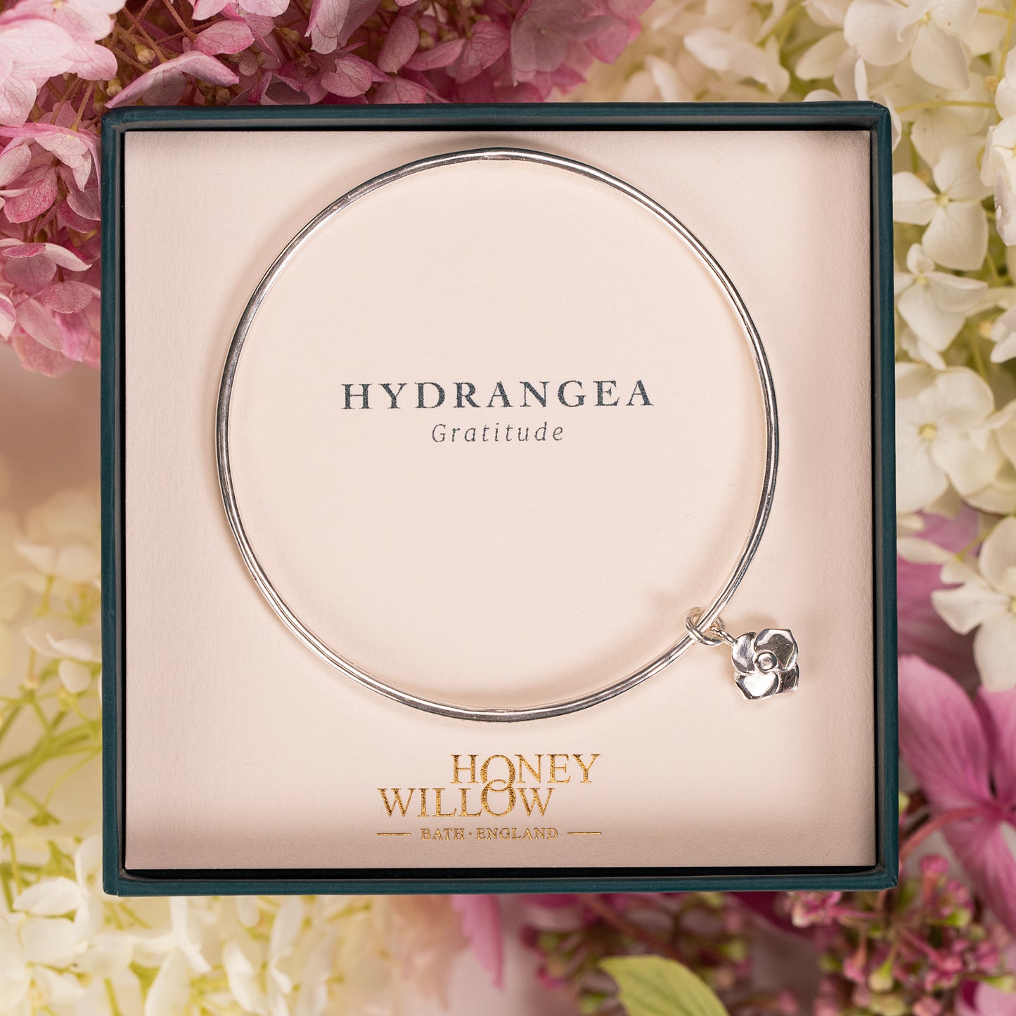 Personalised Hydrangea Flower Bangle - Wellbeing - Silver