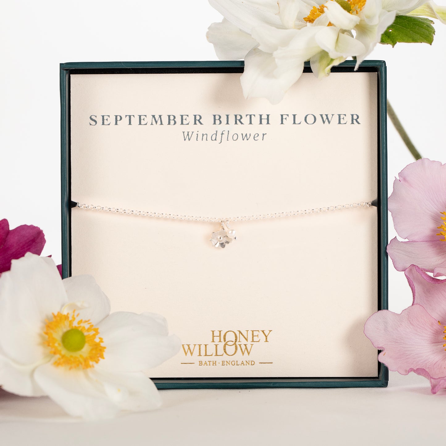 September Birth Flower Bracelet - Windflower & Pearl - Silver