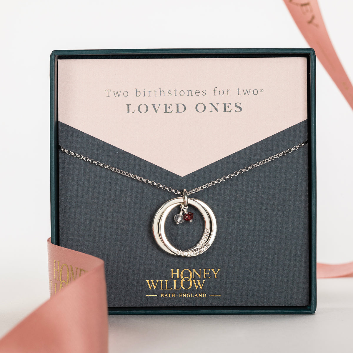 Personalised Family Name & Birthstone Necklace - 2 Birthstones for 2 Loved Ones - Silver