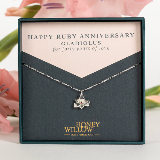 40th Anniversary Gift - Gladiolus Flower Necklace & Ruby - Silver