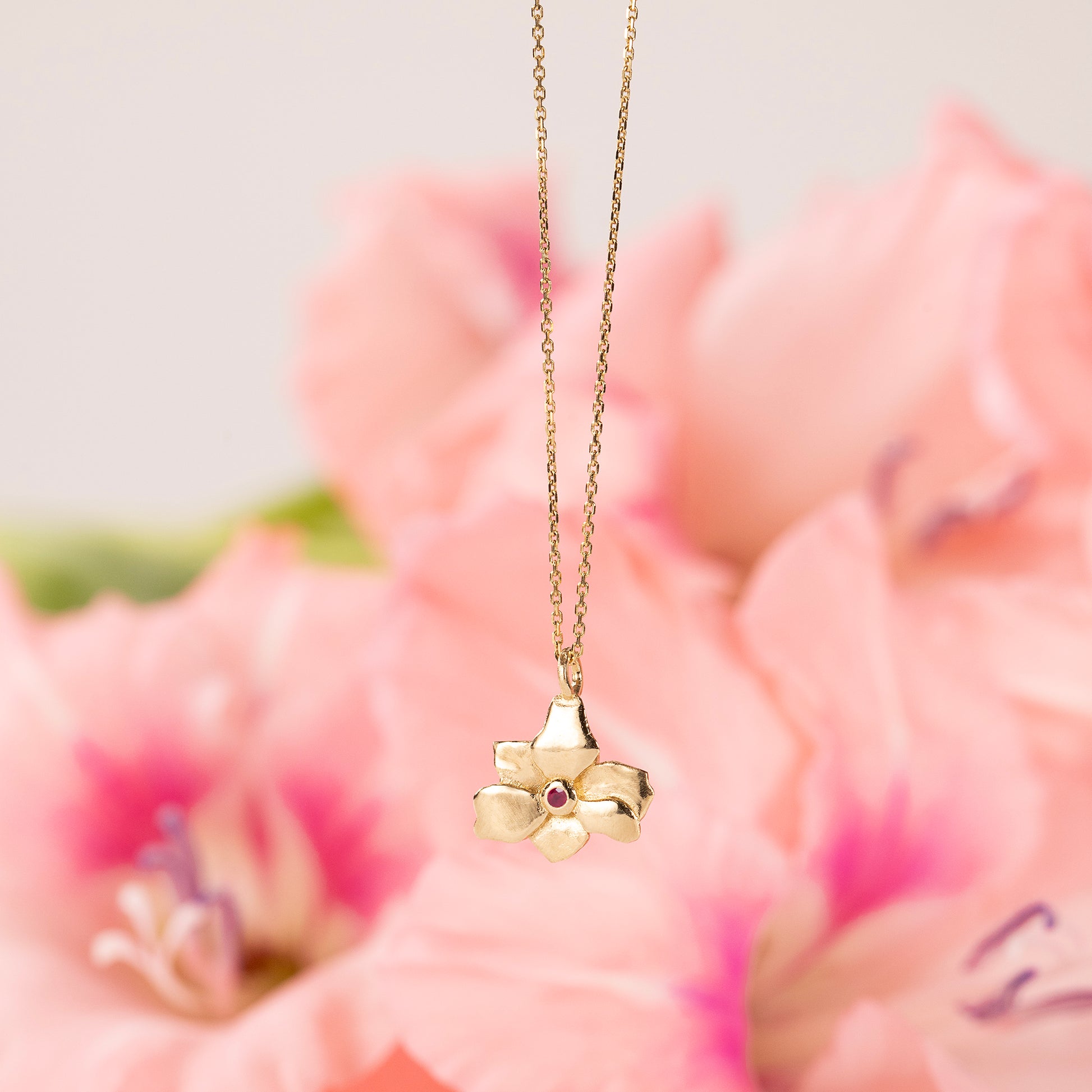 40th Anniversary Gift - Gladiolus Flower Necklace & Ruby - 9kt Gold