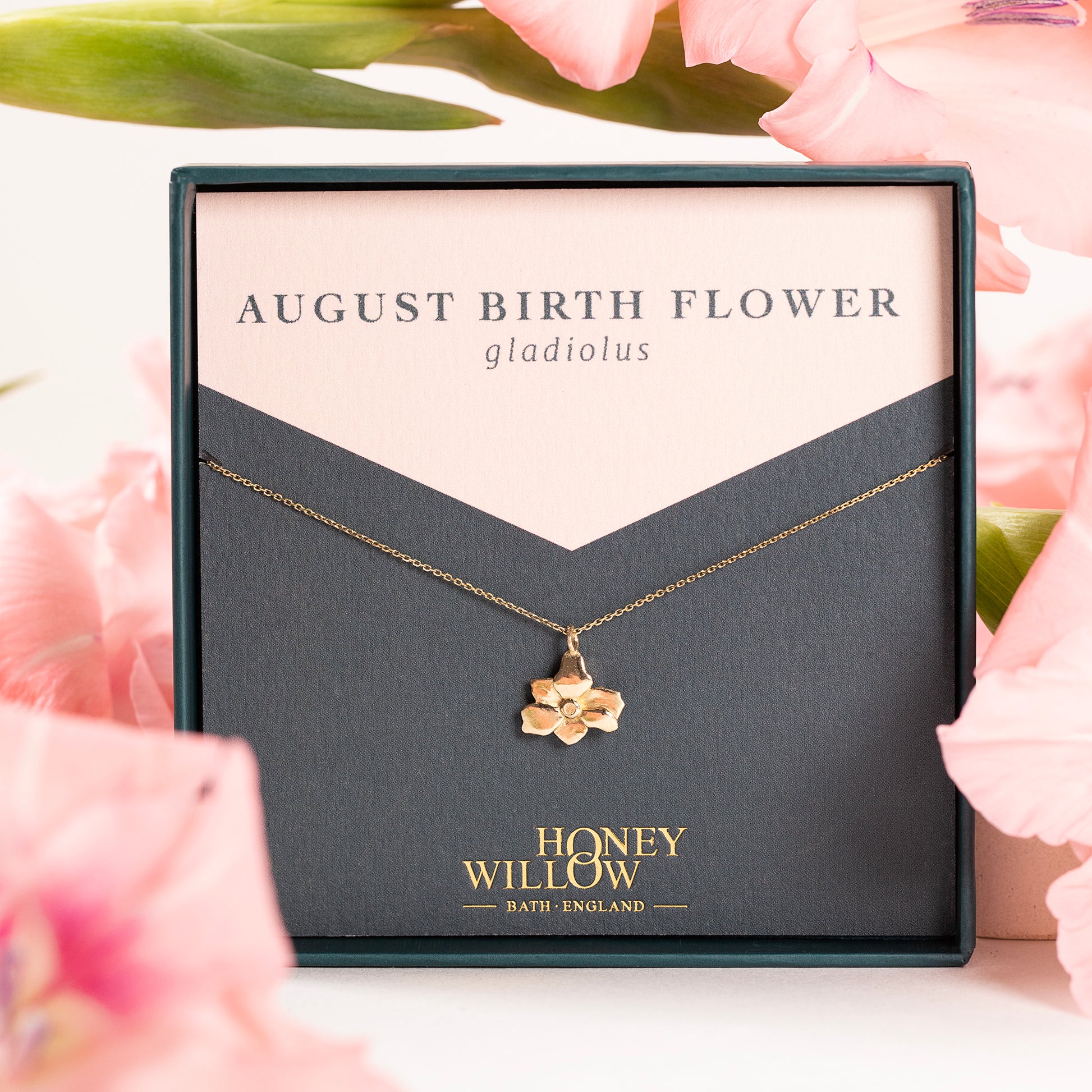 August Birth Flower Necklace - Gladiolus - 9kt Gold