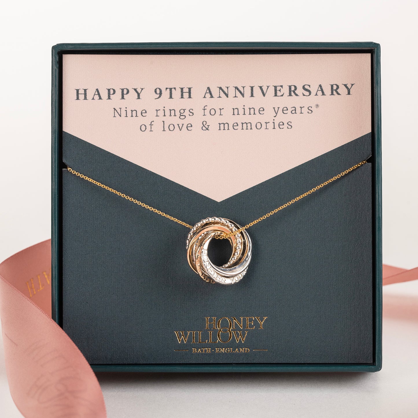 Personalised 9th Anniversary Necklace - Hand-Stamped - The Original 9 Rings for 9 Years Necklace - Petite Silver & Gold