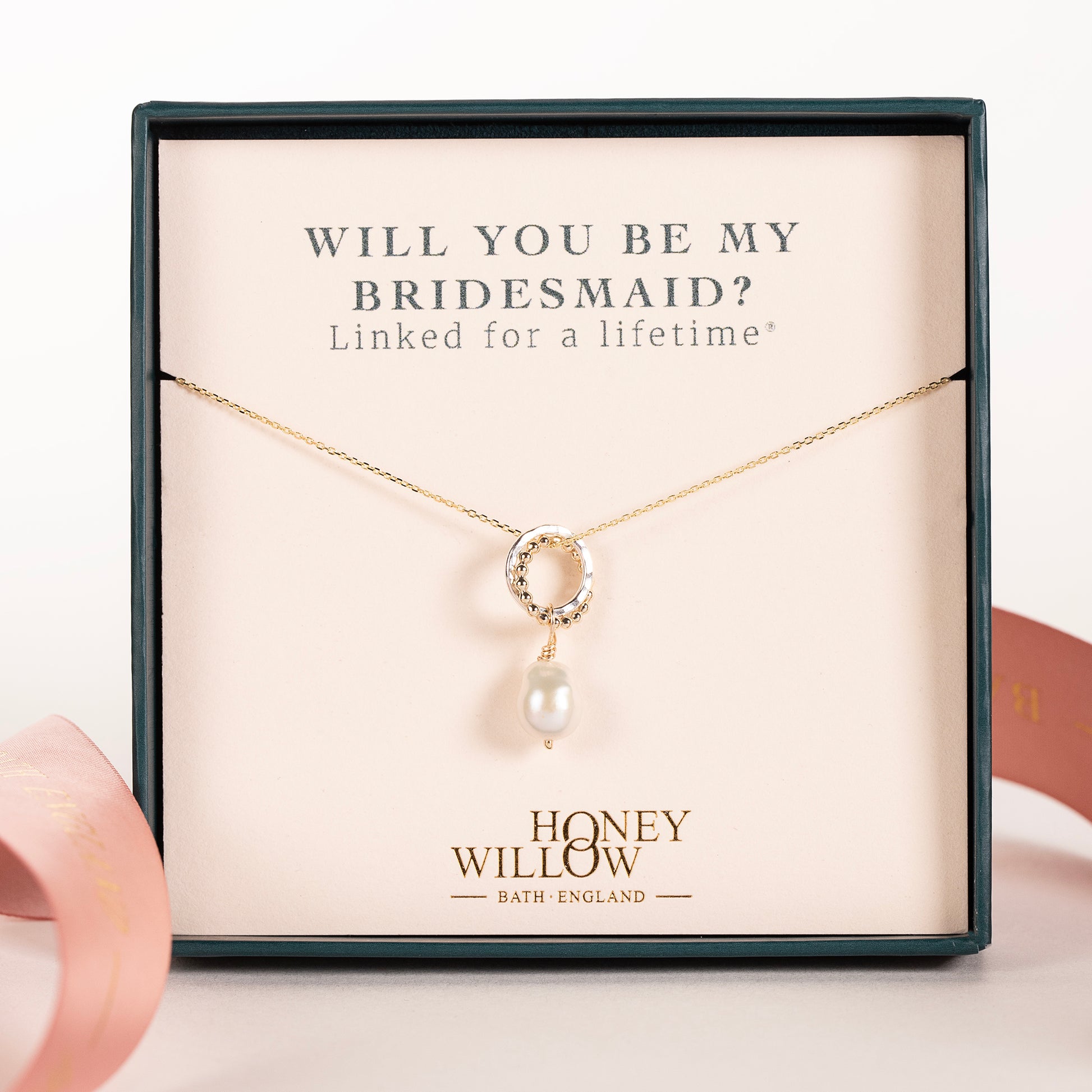 Will You Be My Bridesmaid Gift - Love Knot Pearl Necklace - Silver & Gold