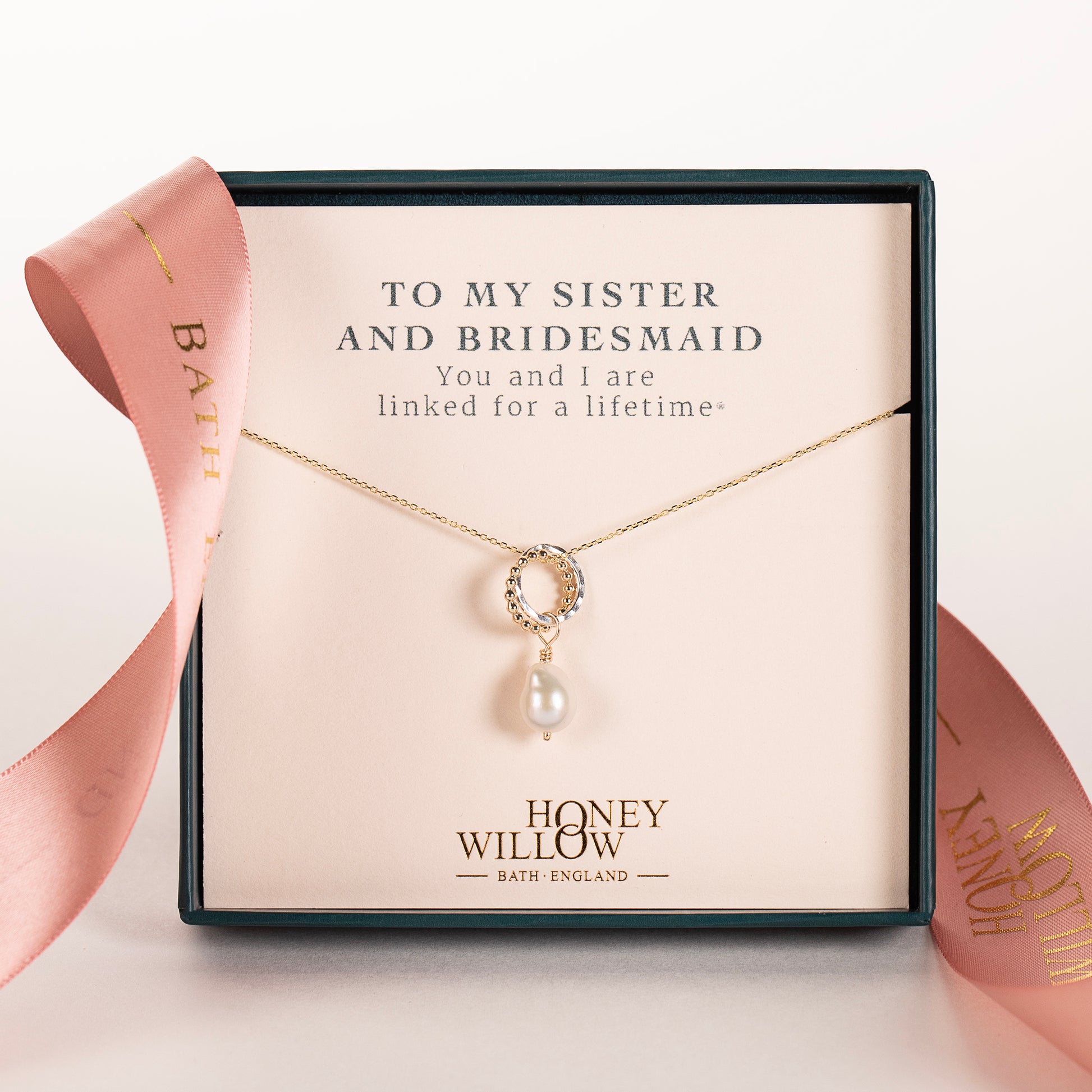 Gift for Sister & Bridesmaid - Love Knot Pearl Necklace - Silver & Gold