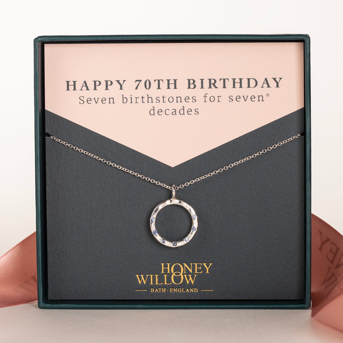 70th Birthday Birthstone Halo Necklace - 7 Birthstones for 7 Decades - Silver