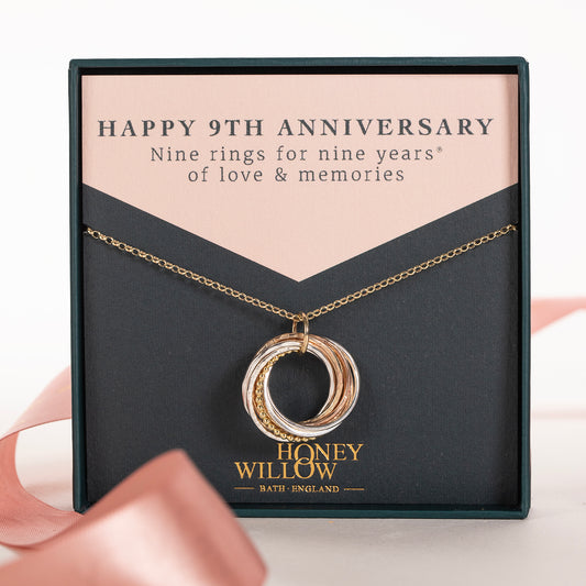 9kt Gold 9th Anniversary Necklace -  The Original 9 Links for 9 Years Necklace - Recycled Gold, Rose Gold & Silver