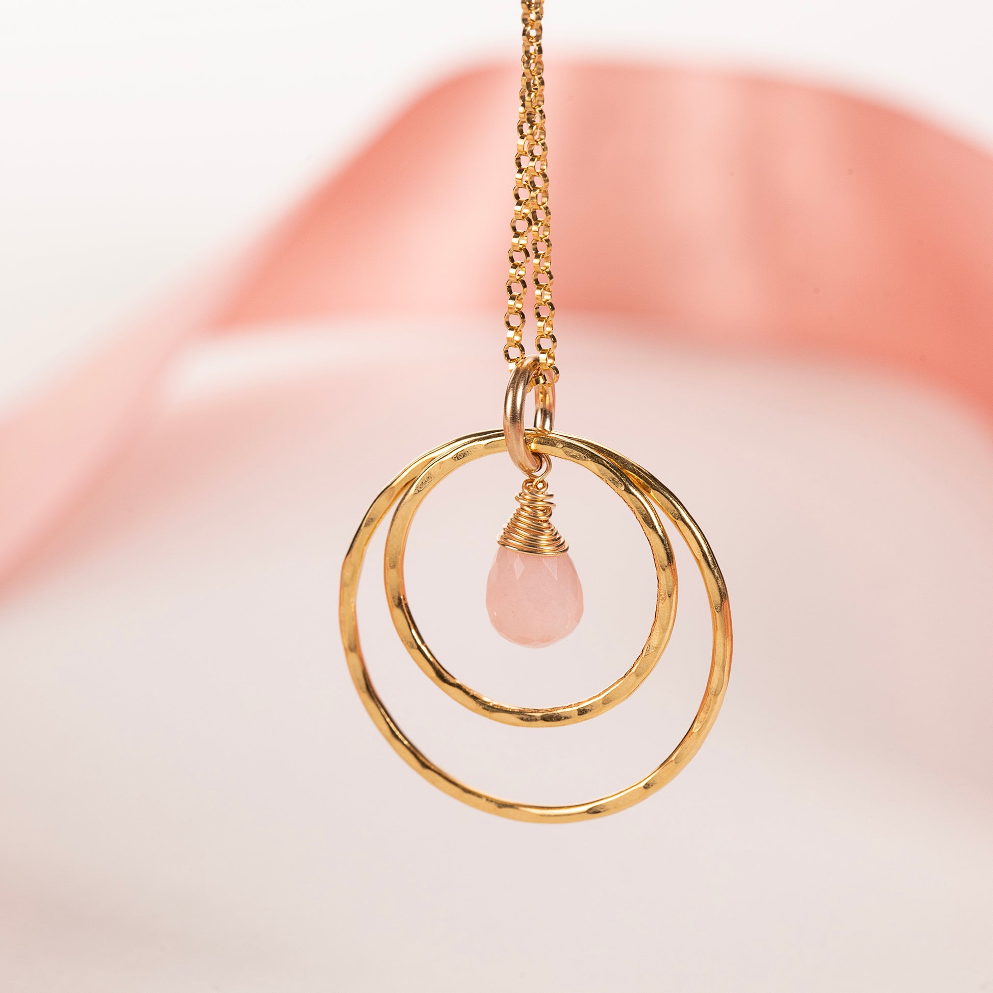 October Birthstone Double Halo Necklace - Pink Opal - Silver & Gold