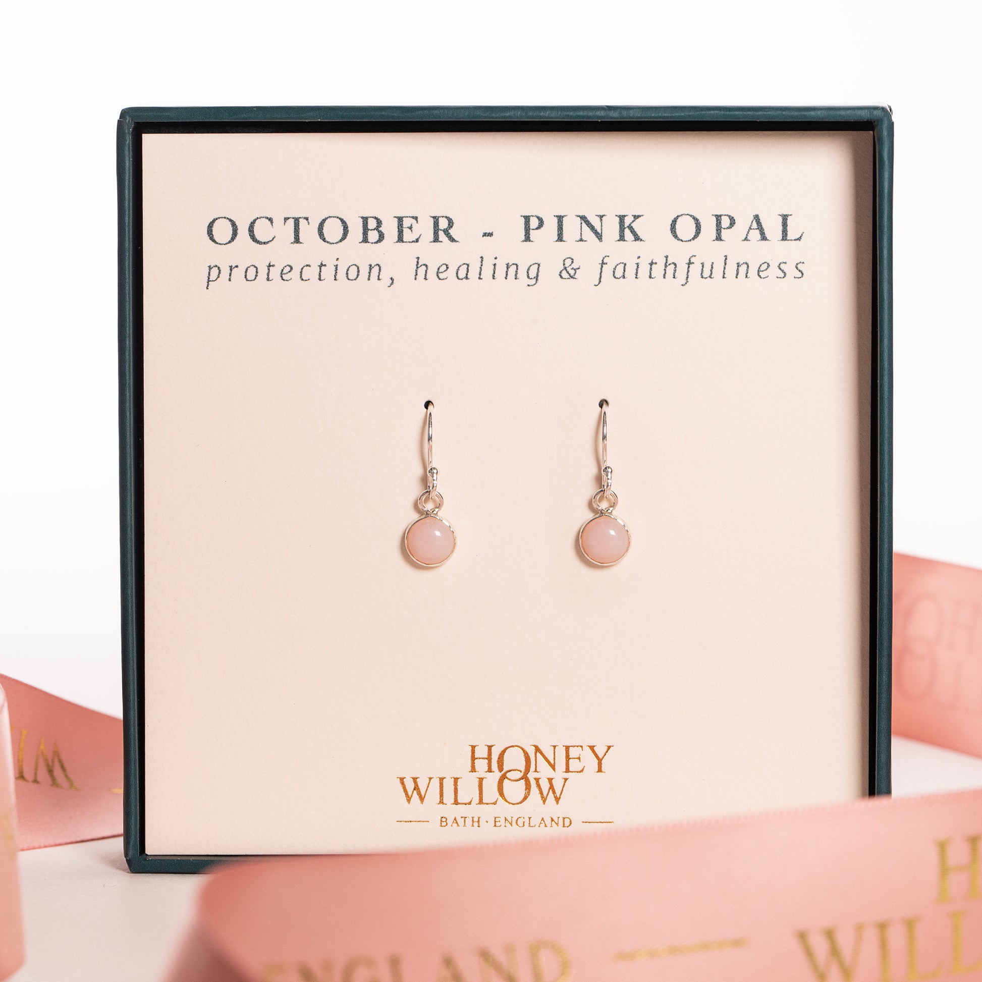 October Birthstone Drop Earrings - Pink Opal - Silver & Gold