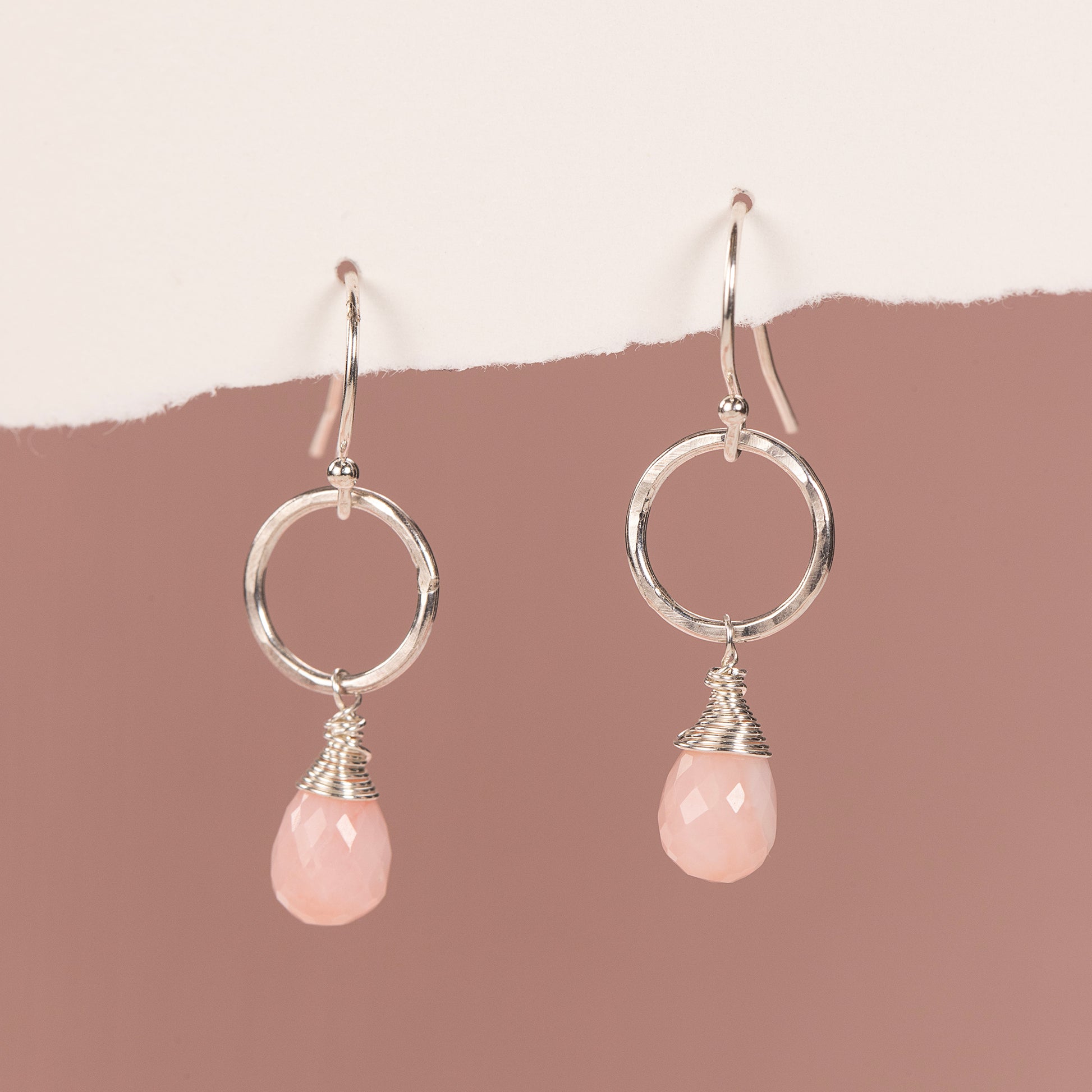 October Birthstone Circle Earrings - Pink Opal - Silver & Gold