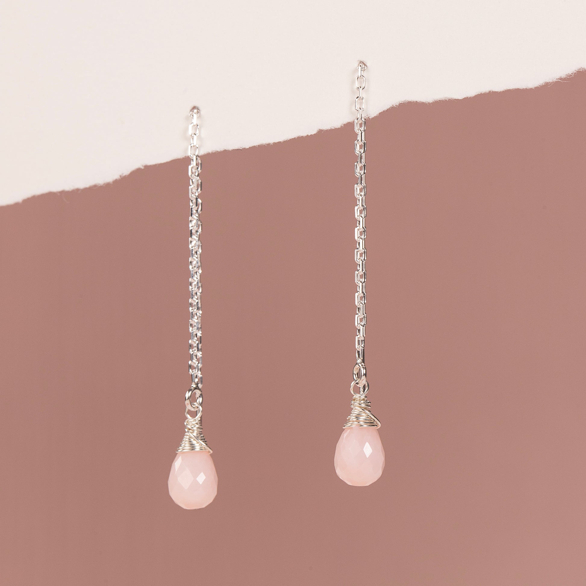 October Birthstone Threader Earrings - Pink Opal - Silver & Gold