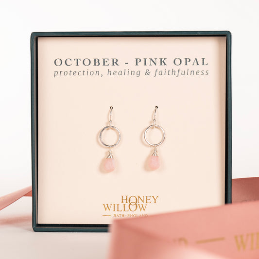 October Birthstone Circle Earrings - Pink Opal - Silver & Gold