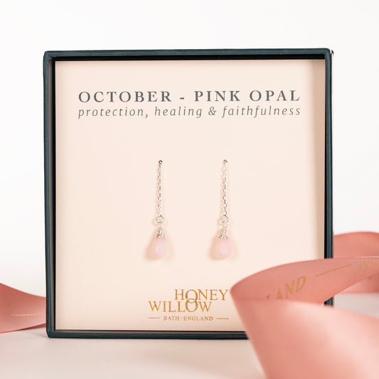 October Birthstone Threader Earrings - Pink Opal - Silver & Gold