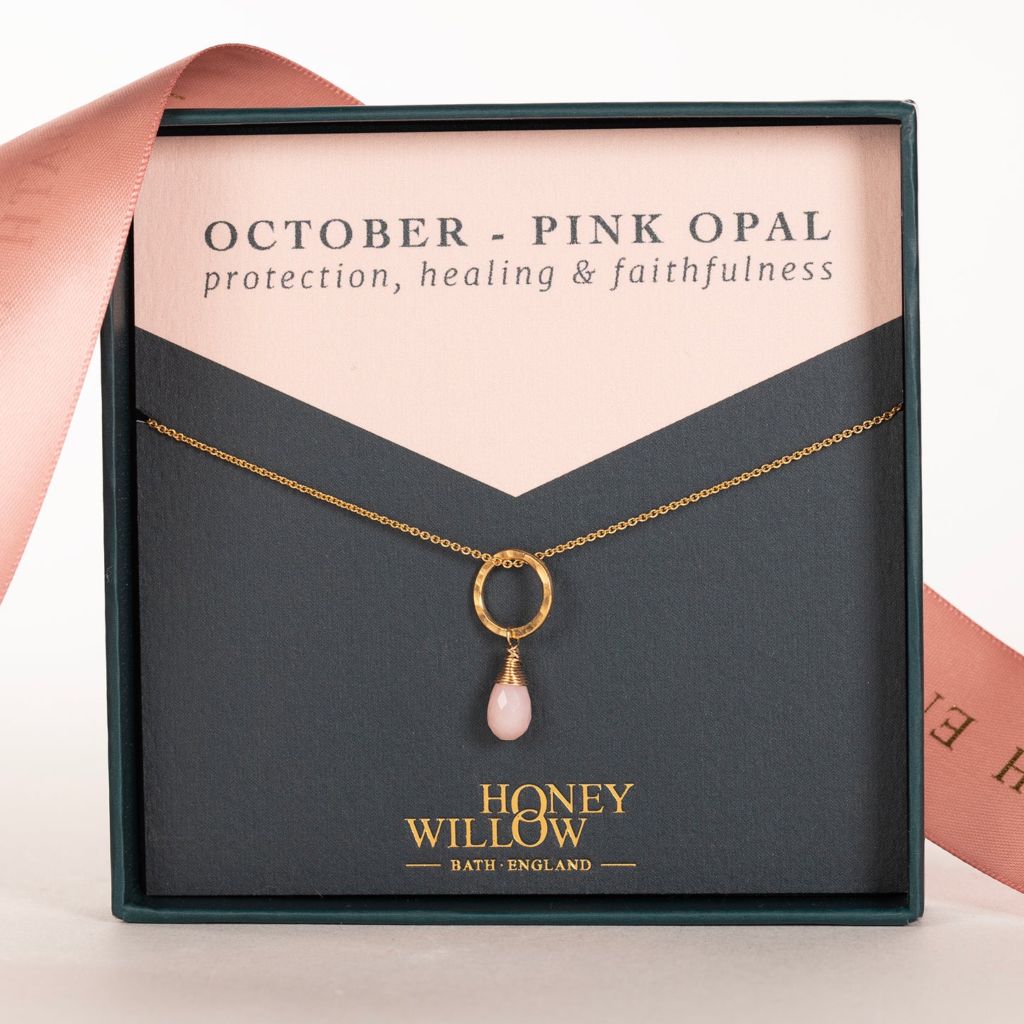 October Birthstone Circle Necklace - Pink Opal - Silver & Gold