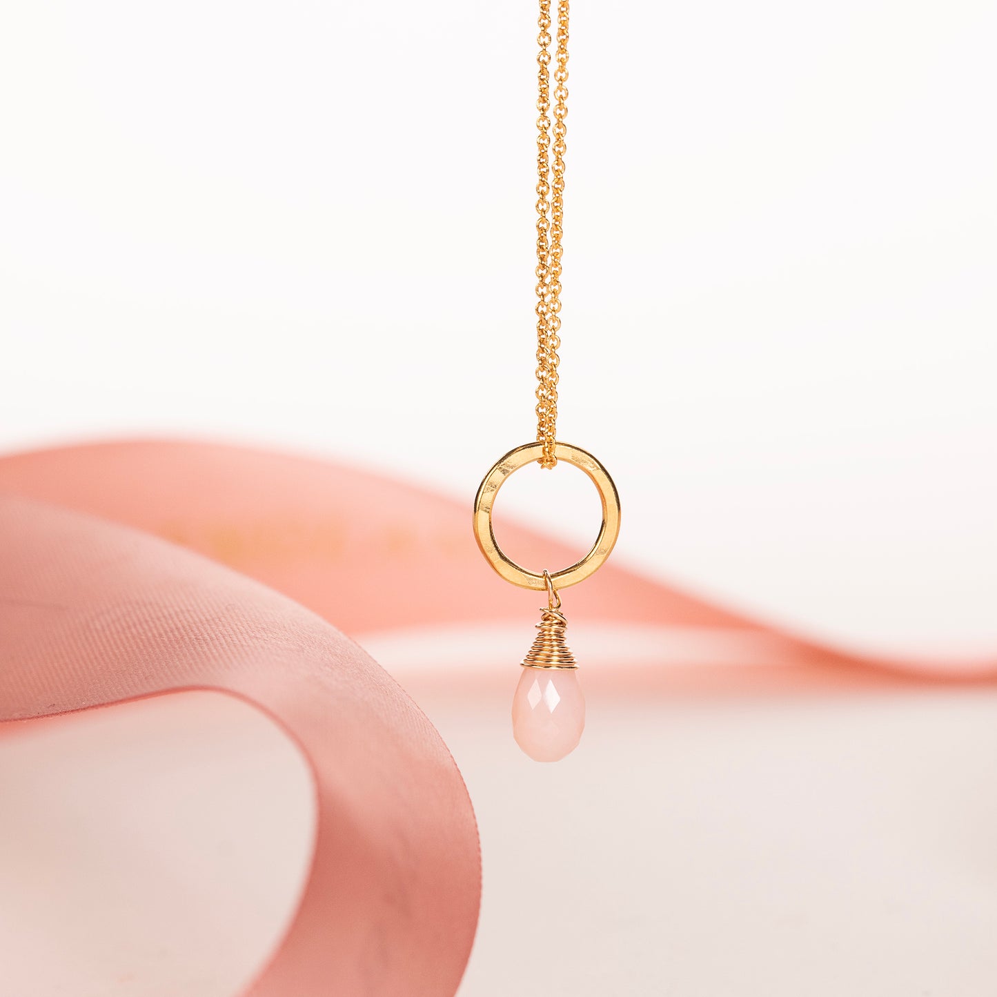 October Birthstone Circle Necklace - Pink Opal - Silver & Gold