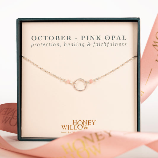 October Birthstone Double Halo Necklace - Pink Opal - Silver & Gold