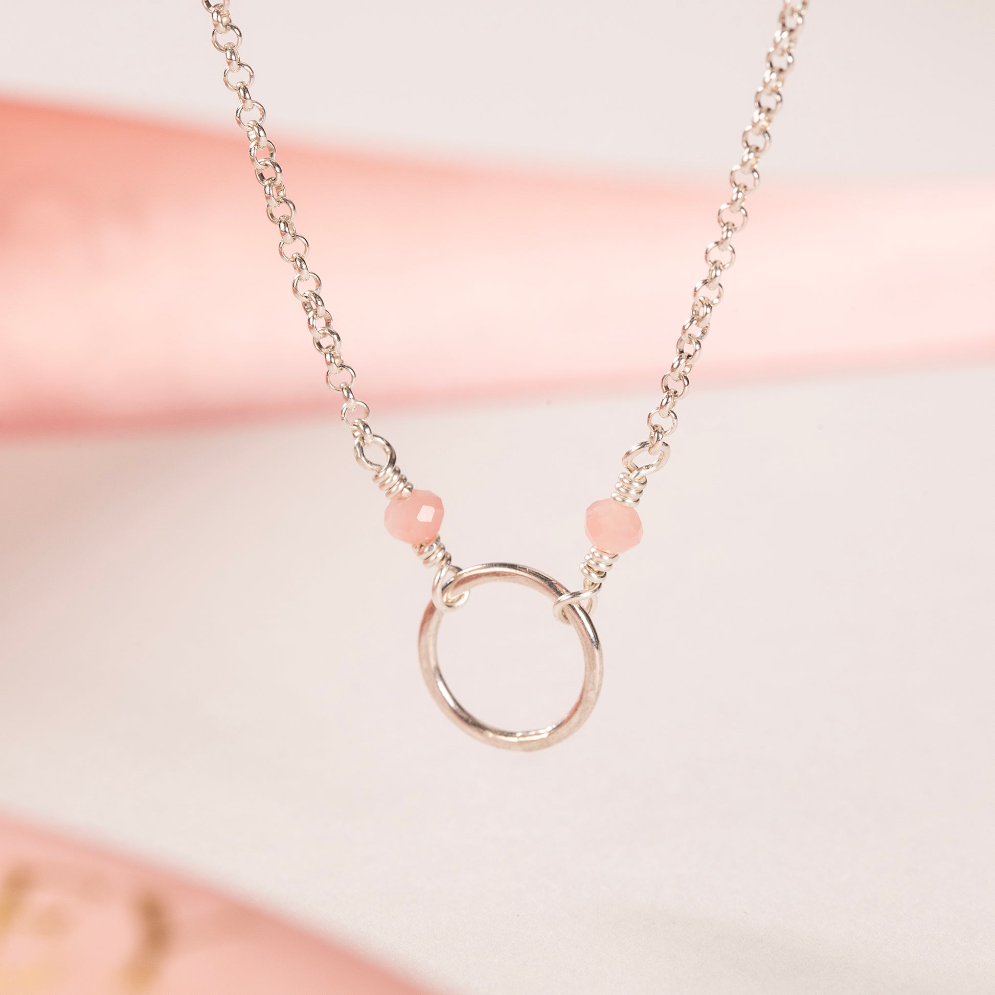 October Birthstone Double Halo Necklace - Pink Opal - Silver & Gold