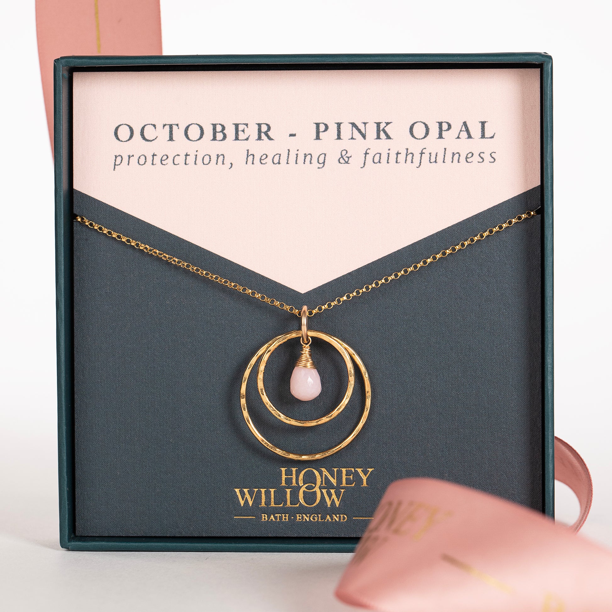 October Birthstone Double Halo Necklace - Pink Opal - Silver & Gold