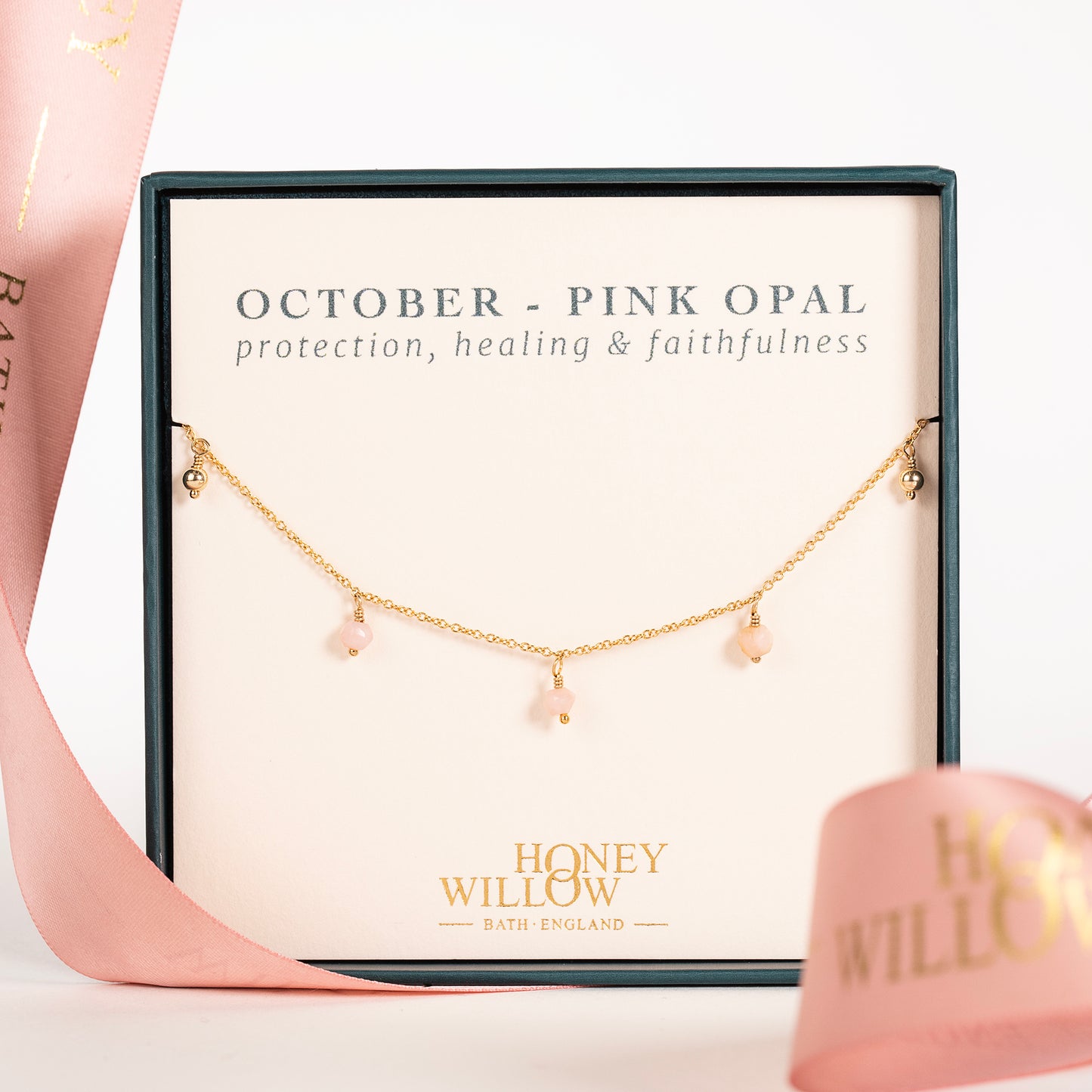 October Birthstone Briolette Choker Necklace - Pink Opal - Silver & Gold